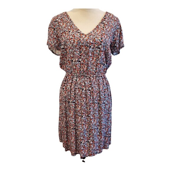 NWT GAP SZ S Short Sleeve V-Neck, Open Back Blue Multi-color Floral Rayon Dress - Picture 2 of 11